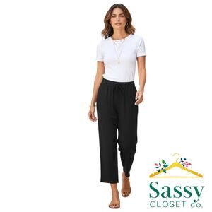 Love Tree Black Linen Blend Cropped Pants Large M Smocked Waist Drawstring